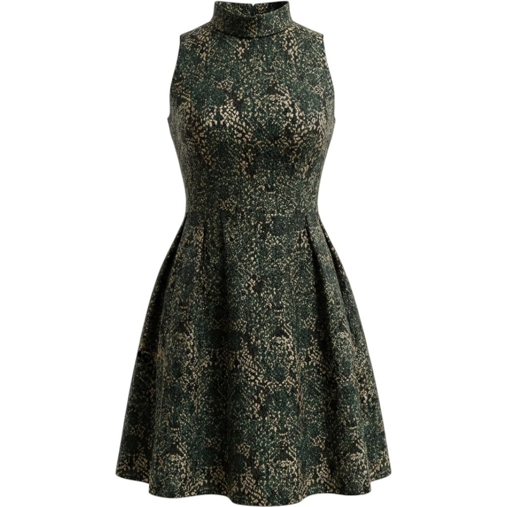 Vince Camuto Green Gold Metallic Animal Print Tie Neck Fit Flare Dress 6 Holiday